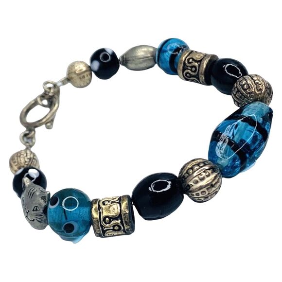 Vintage Blue Glass 925 Sterling Silver Bracelet 8" Toggle Clasp Signed - Picture 3 of 10